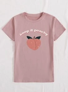 Peach & Slogan Graphic Tee - Baby Pink - View 5