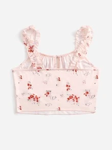 ROMWE Floral Print Tie Front Ruched Bust Cami - Pink - View 2