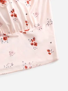 ROMWE Floral Print Tie Front Ruched Bust Cami - Pink - View 3