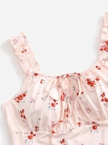 ROMWE Floral Print Tie Front Ruched Bust Cami - Pink - View 4