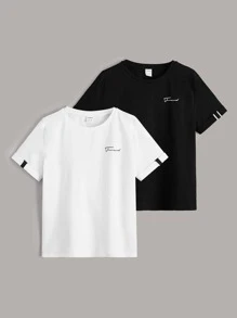 SHEIN 適合年輕男孩，2入組有字母圖形和膠帶細節的T卹