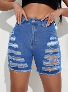 破洞毛邊牛仔短褲 - 中等水洗藍 - 查看 1