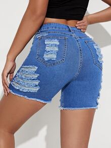 破洞毛邊牛仔短褲 - 中等水洗藍 - 查看 2