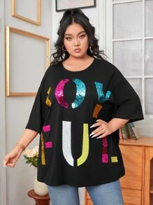 Mulvari Plus Drop Shoulder Letter Sequin Tee - Black - View 2