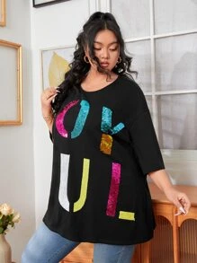 Mulvari Plus Drop Shoulder Letter Sequin Tee - Black - View 5