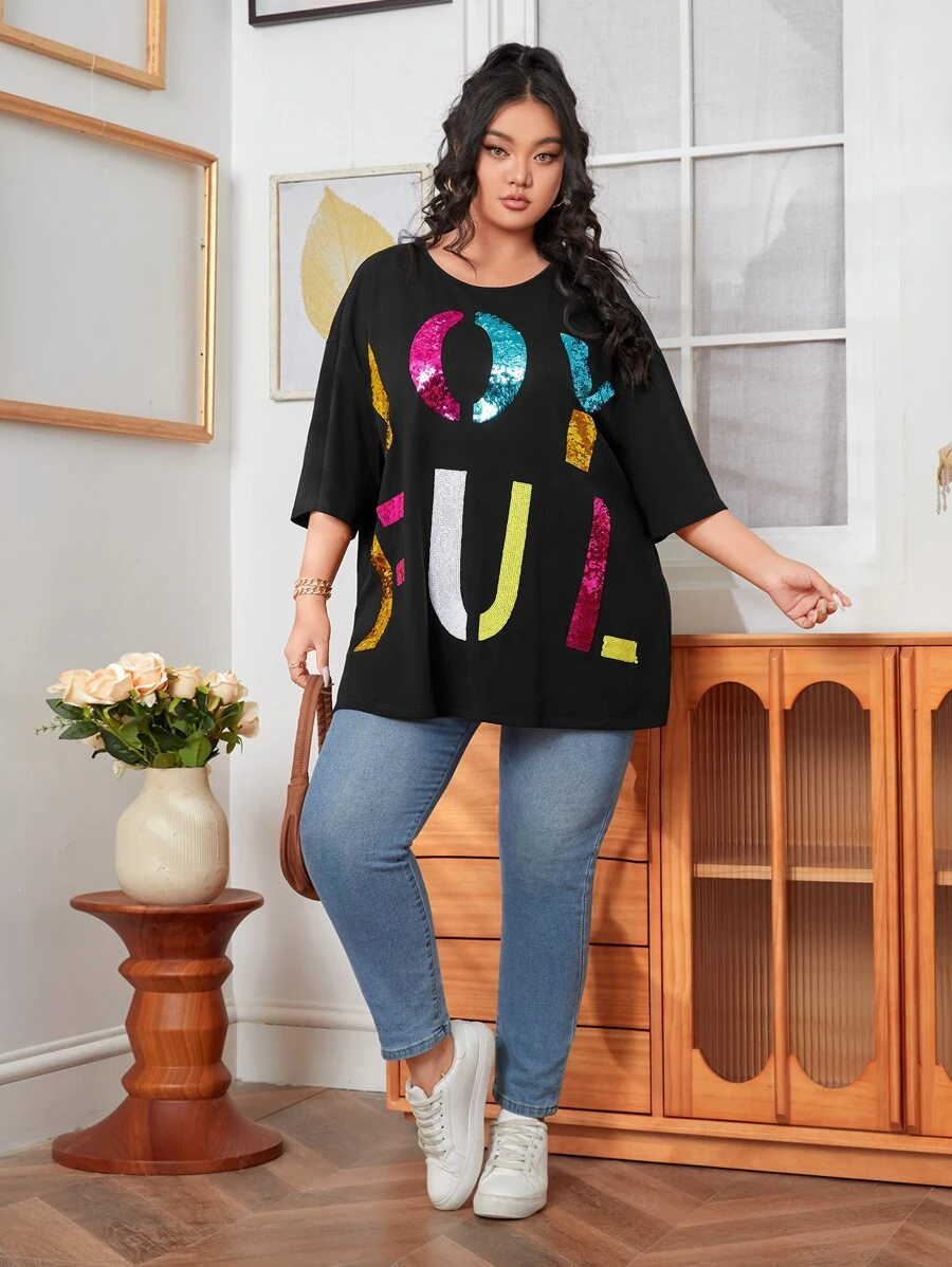 Mulvari Plus Drop Shoulder Letter Sequin Tee - Black - View 1