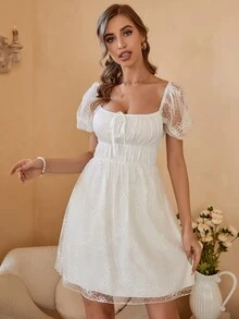 方領打結細節泡泡袖連衣裙 - 白色 - 查看 3