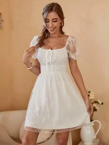 方領打結細節泡泡袖連衣裙 - 白色 - 查看 7