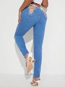 扣眼後背繫帶緊身牛仔褲