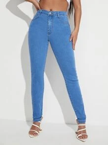 扣眼後背繫帶緊身牛仔褲