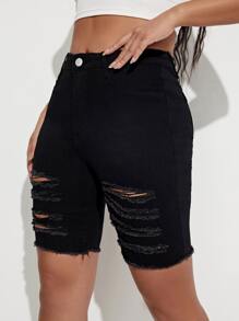 SHEIN Essnce Ripped Raw Hem Denim Shorts - Black - View 3