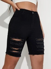 SHEIN Essnce Ripped Raw Hem Denim Shorts - Black - View 4