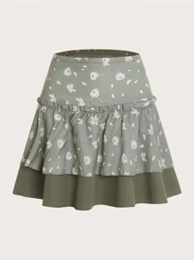 ROMWE Floral Frill Skater Skirt - Multicolor - View 1