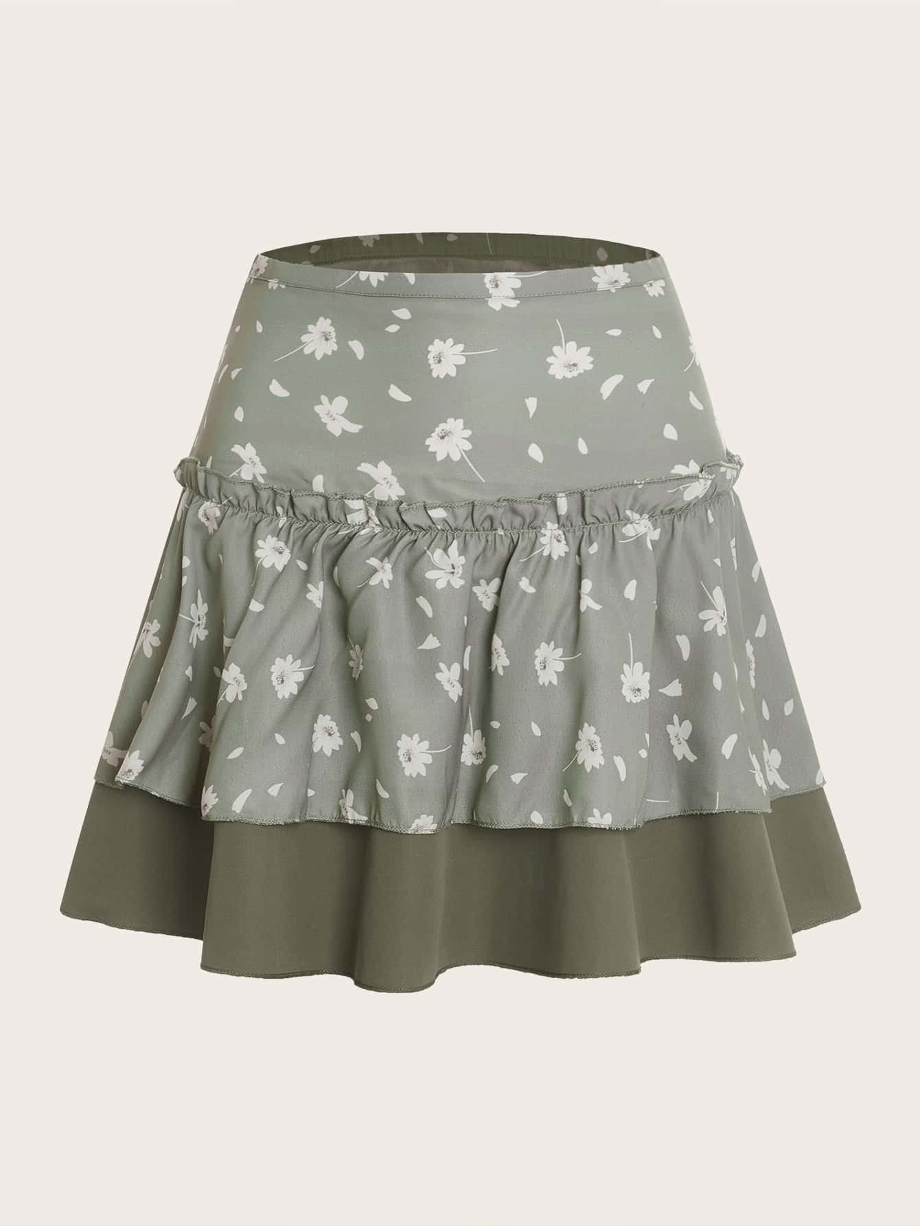 ROMWE Floral Frill Skater Skirt - Multicolor - View 1