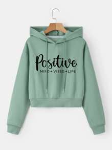 Letter Graphic Drop Shoulder Crop Drawstring Thermal Lined Hoodie Graduation,Back To School Outfits,Graduation,Teacher Outfits For Women,Back To School - Mint Green - View 1
