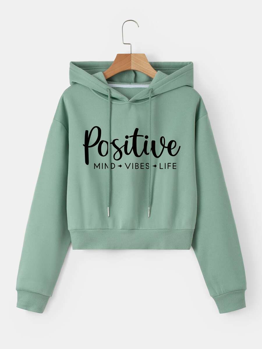 Letter Graphic Drop Shoulder Crop Drawstring Thermal Lined Hoodie Graduation,Back To School Outfits,Graduation,Teacher Outfits For Women,Back To School - Mint Green - View 1