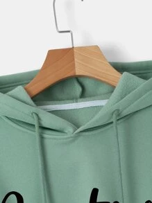 Letter Graphic Drop Shoulder Crop Drawstring Thermal Lined Hoodie Graduation,Back To School Outfits,Graduation,Teacher Outfits For Women,Back To School - Mint Green - View 3