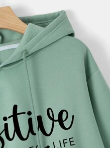 Letter Graphic Drop Shoulder Crop Drawstring Thermal Lined Hoodie Graduation,Back To School Outfits,Graduation,Teacher Outfits For Women,Back To School - Mint Green - View 4