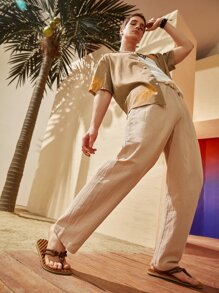 GENTILAND Men Drawstring Waist Slant Pocket Trousers - Apricot - View 7