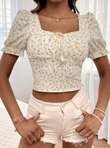 SHEIN Holidaya Tie Neck Shirred Back Ditsy Floral Top - Multicolor - View 1