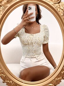 SHEIN Holidaya Tie Neck Shirred Back Ditsy Floral Top - Multicolor - View 3