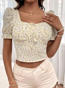 SHEIN Holidaya Tie Neck Shirred Back Ditsy Floral Top - Multicolor - View 5