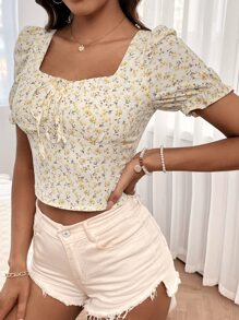 SHEIN Holidaya Tie Neck Shirred Back Ditsy Floral Top - Multicolor - View 6