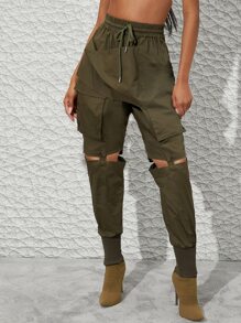 抽繩腰部鏤空及膝細節褲 - 軍綠色 - 查看 1