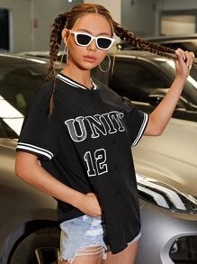 Muchica Striped Trim Number and Letter Graphic Blouse - Black - View 5