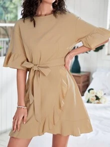 Flounce Sleeve Ruffle Hem Belted Dress - Khaki - View 1