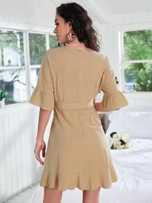 Flounce Sleeve Ruffle Hem Belted Dress - Khaki - View 2