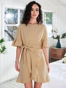 Flounce Sleeve Ruffle Hem Belted Dress - Khaki - View 3