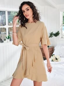 Flounce Sleeve Ruffle Hem Belted Dress - Khaki - View 4