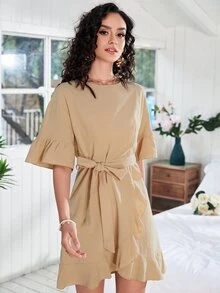 Flounce Sleeve Ruffle Hem Belted Dress - Khaki - View 5