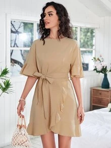 Flounce Sleeve Ruffle Hem Belted Dress - Khaki - View 6