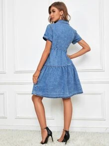 Váy denim nữ Túi Viên lá sen Nút phía trước màu trơn Giải trí - Rửa trung bình - Xem 2
