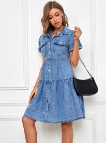 Váy denim nữ Túi Viên lá sen Nút phía trước màu trơn Giải trí - Rửa trung bình - Xem 5