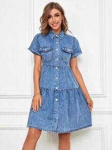 Váy denim nữ Túi Viên lá sen Nút phía trước màu trơn Giải trí - Rửa trung bình - Xem 6