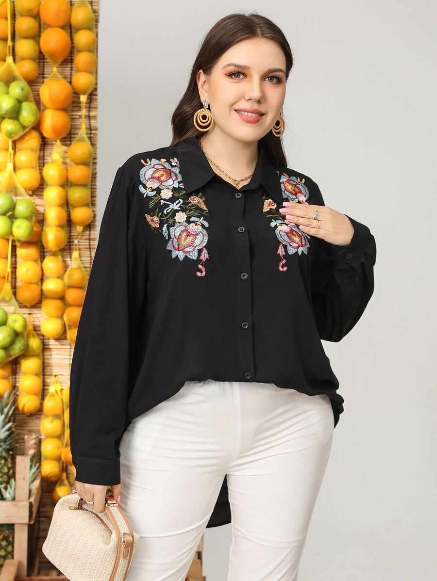 Mulvari Plus Floral Embroidery High Low Hem Blouse - Black - View 1