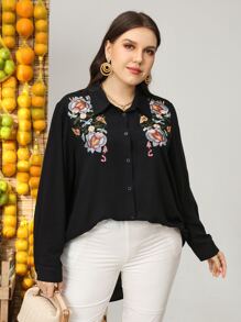 Mulvari Plus Floral Embroidery High Low Hem Blouse - Black - View 4