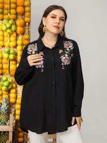 Mulvari Plus Floral Embroidery High Low Hem Blouse - Black - View 6