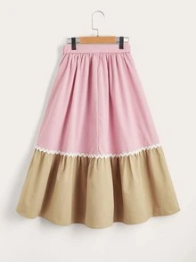SHEIN Váy Gái Thắt lưng Tương phản ren Viên lá sen Khối Màu Giải trí - Nhiều màu - Xem 2
