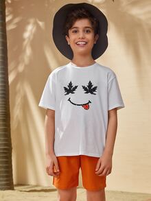 SHEIN Boys Maple Leaf & Figure Graphic Tee & Shorts Set - Multicolor - View 5