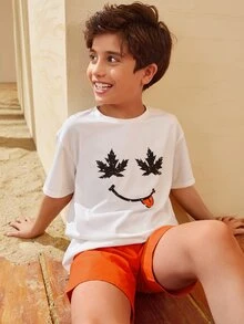 SHEIN Boys Maple Leaf & Figure Graphic Tee & Shorts Set - Multicolor - View 7