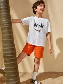 SHEIN Boys Maple Leaf & Figure Graphic Tee & Shorts Set - Multicolor - View 8