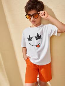 SHEIN Boys Maple Leaf & Figure Graphic Tee & Shorts Set - Multicolor - View 12