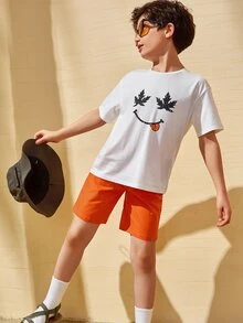 SHEIN Boys Maple Leaf & Figure Graphic Tee & Shorts Set - Multicolor - View 10