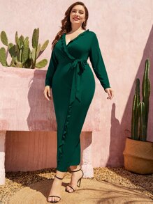 SHEIN LUNE 大碼荷葉邊後背開衩繫腰帶連衣裙 - 墨綠色 - 查看 1