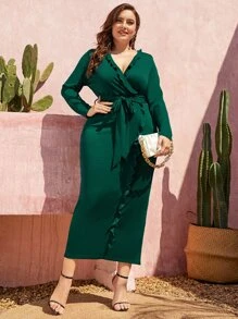 SHEIN LUNE 大碼荷葉邊後背開衩繫腰帶連衣裙 - 墨綠色 - 查看 4