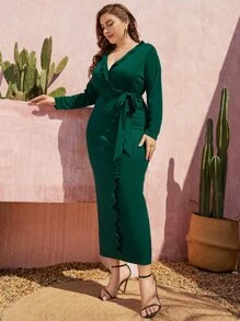 SHEIN LUNE 大碼荷葉邊後背開衩繫腰帶連衣裙 - 墨綠色 - 查看 5